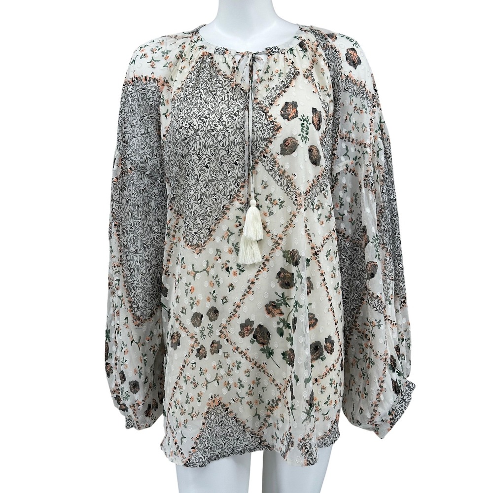 Sweet Magnolia Top Women XL Ivory Black Floral Boho Tassel Peasant Summer Office